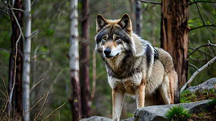 Obraz premium A northwestern wolf stands confidently on a rock ai