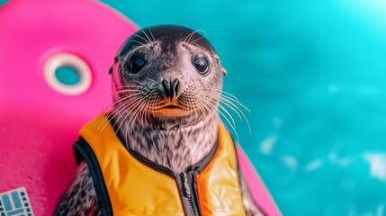Playful seal on cassette surfboard, neon vest, vibrant palette 
