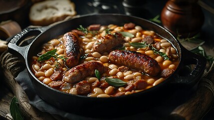 Traditional French cassoulet stew with white beans, Toulouse sausage, and duck confit, presented in food photography.