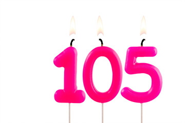 Pink number 105 birthday candle lit on white background