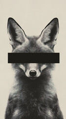 Fototapeta premium A black and white portrait of a fox, its eyes obscured by long matte black rectangle in front of face
