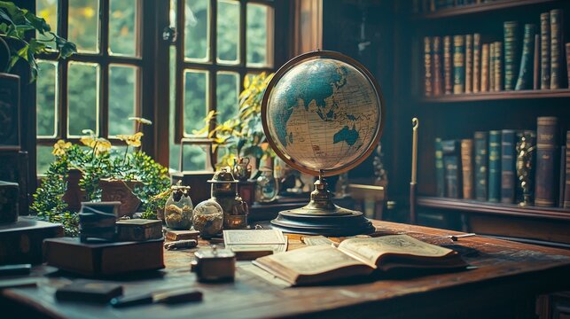 Vintage Globe and Books in Study Room