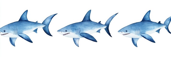 Obraz premium Watercolor pattern of sharks isolated on white, pastel palette 