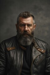 Obraz premium Moody Portrait of Bearded Man in Leather Jacket Against Gray Backdrop for Print and Poster Design
