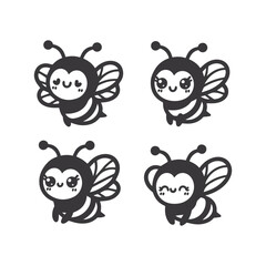 Set of bees silhouettes and bee cartoon  icons isolated on white background.	