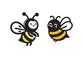 Set of bees silhouettes and bee cartoon  icons isolated on white background.	