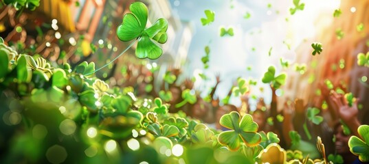 Vibrant St. Patrick's Day Parade Float with Lush Green Clovers and Celebratory Crowd