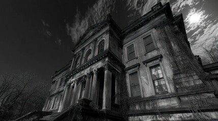 Obraz premium A grand, abandoned mansion with ivy climbing its facade, set against a dramatic cloudy sky.