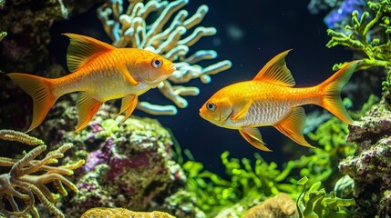 Two bright orange goldfish swim amongst coral and plants in a freshwater aquarium.