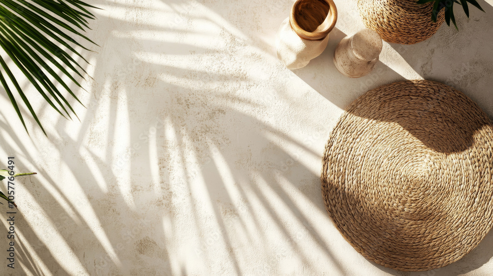 Poster top view of a soft brown table with high-resolution texture, with palm leaf shadows, offering a summ