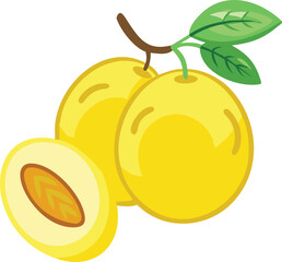 Cartoon illustration of marula with leaves,showcasing simple, minimalistic,stylized vector,colorful design.ideal for food-related designs or healthy eating themes