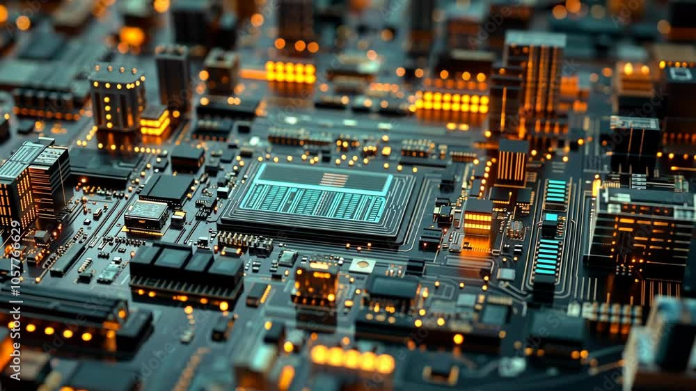 Poster a close-up of a circuit board with glowing components, showcasing the intricate complexity of modern