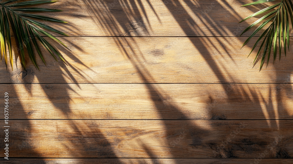 Poster top view of a soft brown table with high-resolution texture, with palm leaf shadows, offering a summ