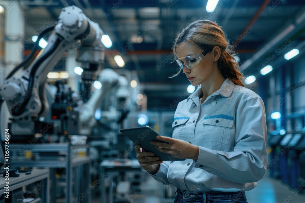 Poster confident female engineer analyzing data in high-tech factory with robotic arm