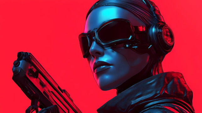 Cybernetic assassin ready for action in neon glow. Cyborg Assassin. Illustration