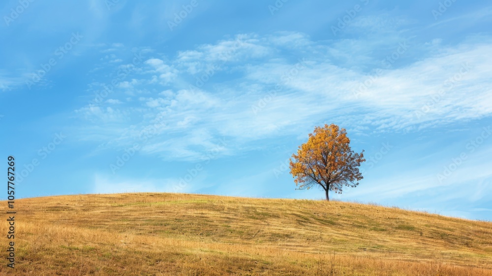 Poster isolated tree on hill with clear autumn foliage and expansive sky