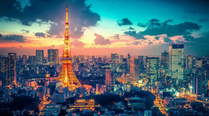 Fototapeta premium Nighttime view of Tokyo, Japan, with city lights illuminating the skyline.