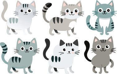 Six Adorable Cartoon Cats with Grey and White Fur