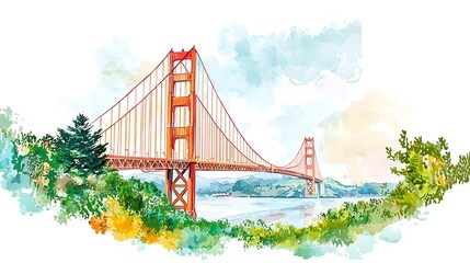 Watercolor illustration of a famous bridge with a transparent background.