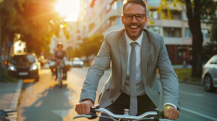 Joyful businessperson riding bicycle, leaving office, smiling at camera, urban scene
