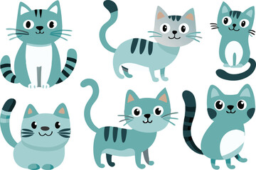 Cute Blue Cats Cartoon Illustration Set