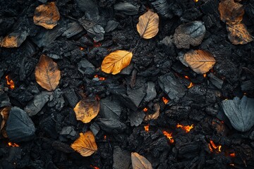 Obraz premium Burning coals and fallen leaves: a contrast of nature and fire