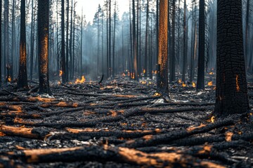 Aftermath of a wildfire in a forest with charred trees and smoldering embers