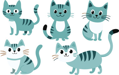 Five Adorable Blue Striped Cats Cartoon Illustration