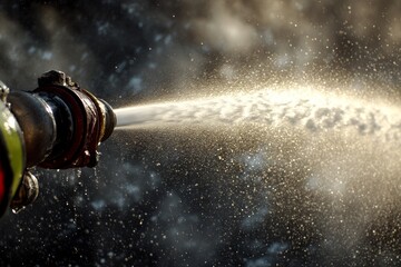 Fire hose spray in action against smoky background