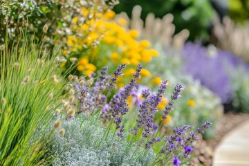 Obraz premium Vibrant garden: lavender and yellow blossoms in full bloom