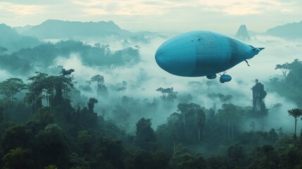 Naklejka premium A blue airship flies over a misty jungle, with mountains in the background.