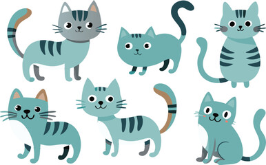 Cute Cartoon Cats  Blue Stripes  White Background