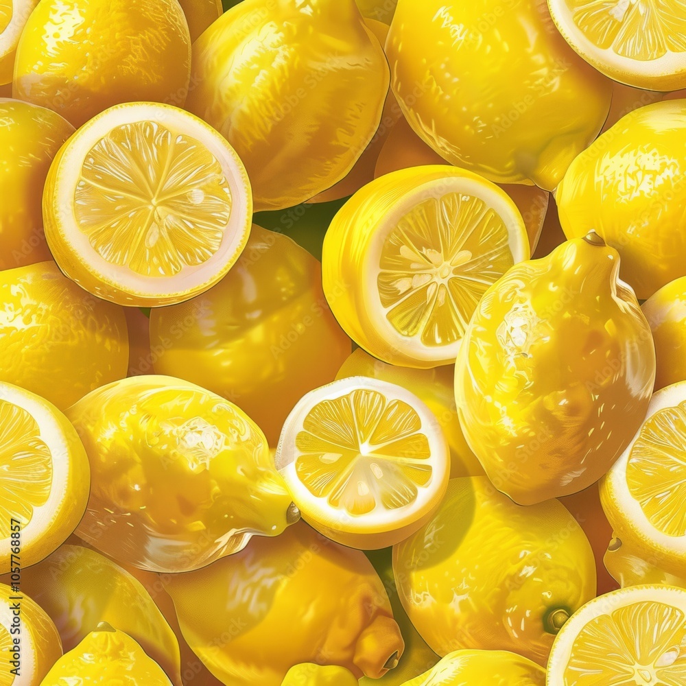 Poster Lemon background with a neatly organized pattern of whole lemons and lemon halves, emphasizing the vibrant yellow hue and detailed surface of the citrus fruit