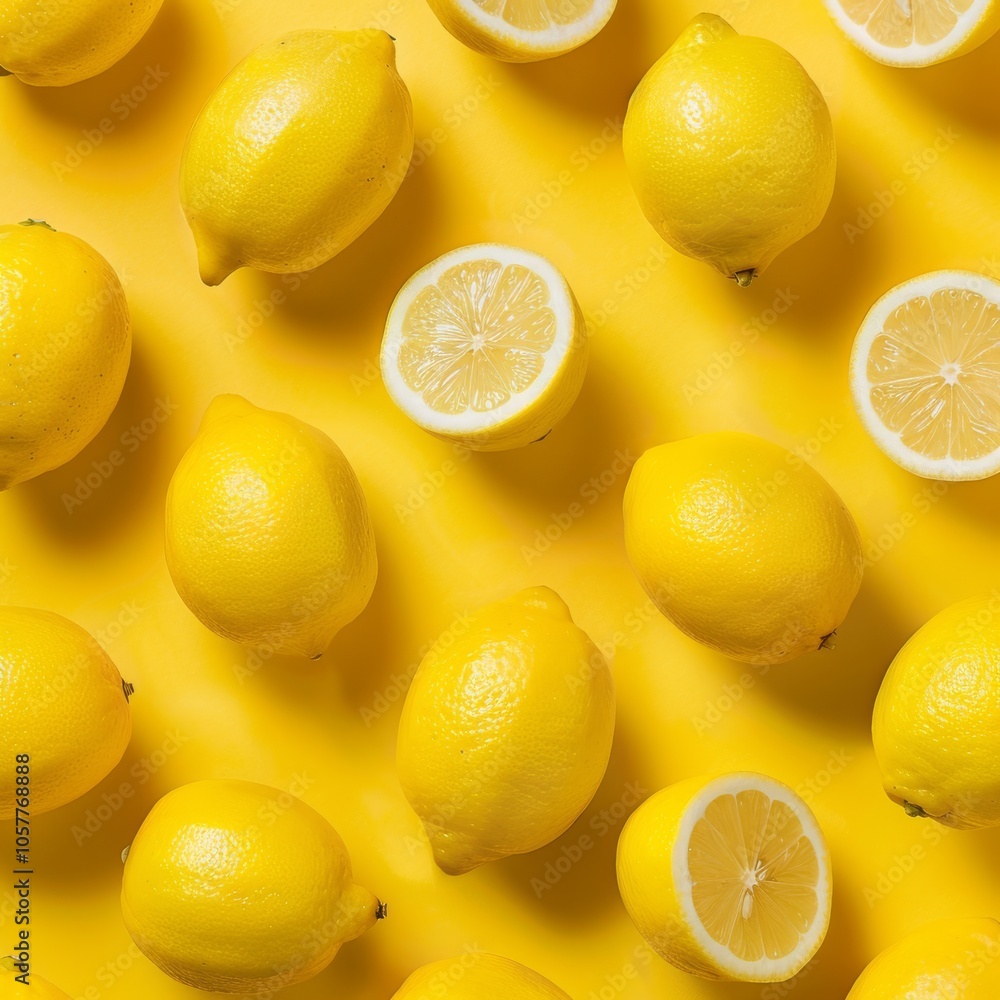 Poster Lemon background with a neatly organized pattern of whole lemons and lemon halves, emphasizing the vibrant yellow hue and detailed surface of the citrus fruit