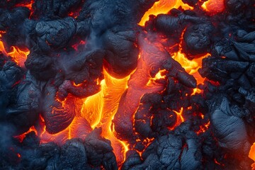 Molten lava flowing through volcanic rock texture in vivid detail
