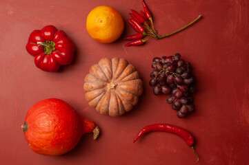 Delicious vibrant auutumn fall flat lay harvest thanksgiving friuts and vegetables background mockup