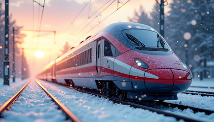Naklejka premium Modern high-speed train on snowy tracks during sunset with snowflakes falling in winter landscape