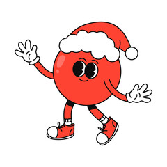 Christmas cartoon Christmas ball character in trendy Retro Groovy hippie cartoon style. Hand draw vector isolated on white background. Sticker pack of comic characters.