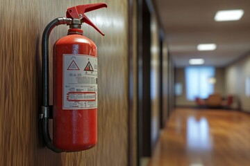 Red fire extinguisher mounted on wall in modern office corridor for safety