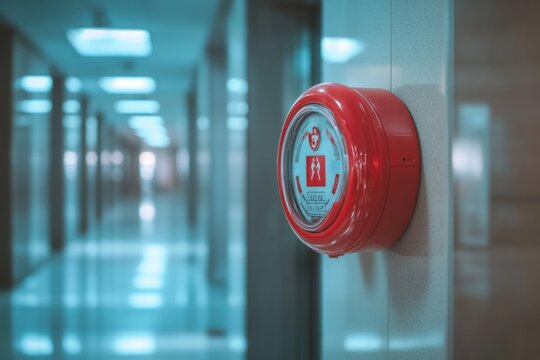 Emergency alarm in office corridor with modern safety equipment
