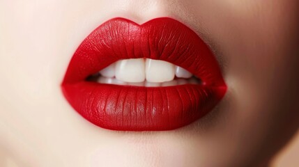 Obraz premium Lips with vibrant red lipstick against light skin