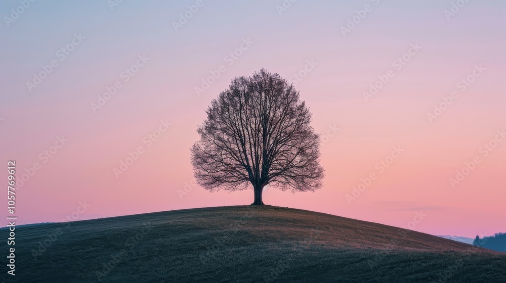 Aufkleber Lone tree on a hill during twilight with a gradient sky and calm mood