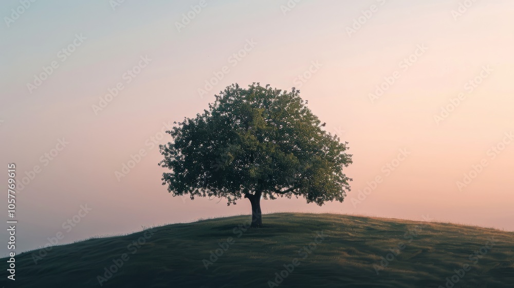 Aufkleber Lone tree on a hill during twilight with a gradient sky and calm mood