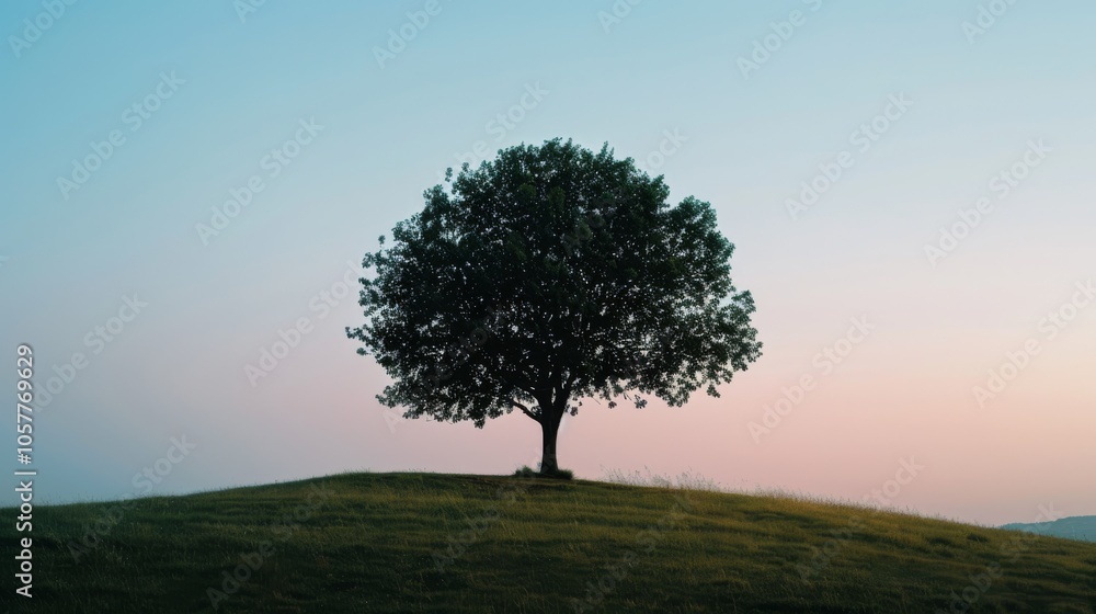 Poster Lone tree on a hill during twilight with a gradient sky and calm mood