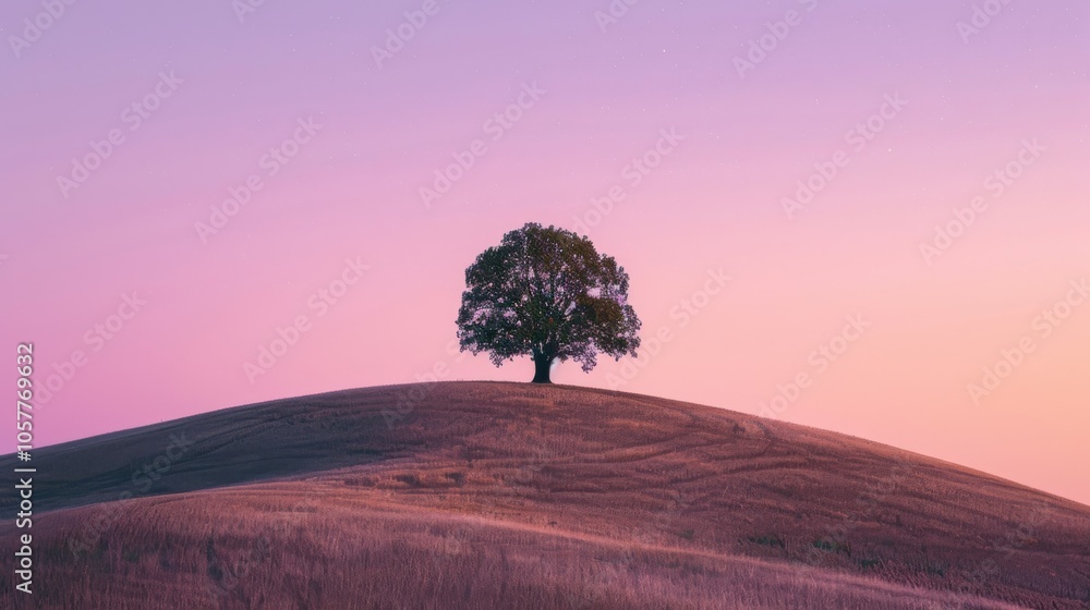 Aufkleber Lone tree on a hill during twilight with a gradient sky and calm mood