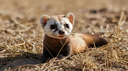 Fototapeta premium A black-footed ferret is seen resting comfortably on a sparse patch of dry grass ai