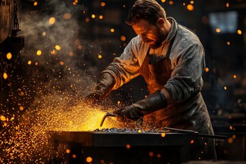 Blacksmith at work amidst glowing sparks in traditional workshop