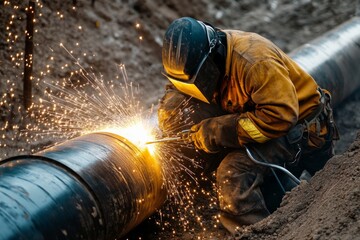Welder working on a large pipe with sparks flying in construction site