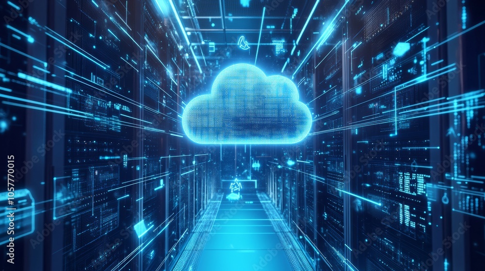 Poster the concept of cloud computing, where a digital cloud floats above servers and connected devices, re