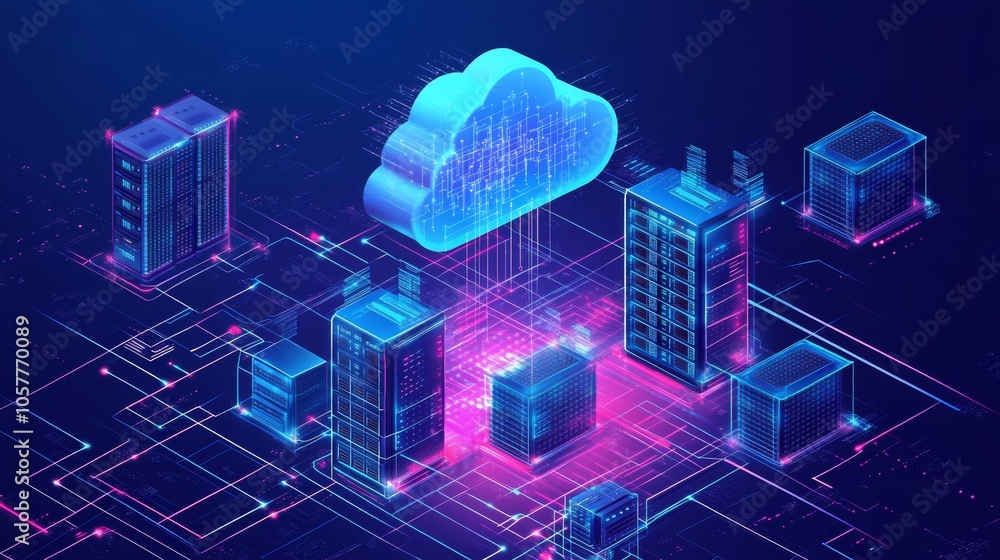 Poster the concept of cloud computing, where a digital cloud floats above servers and connected devices, re